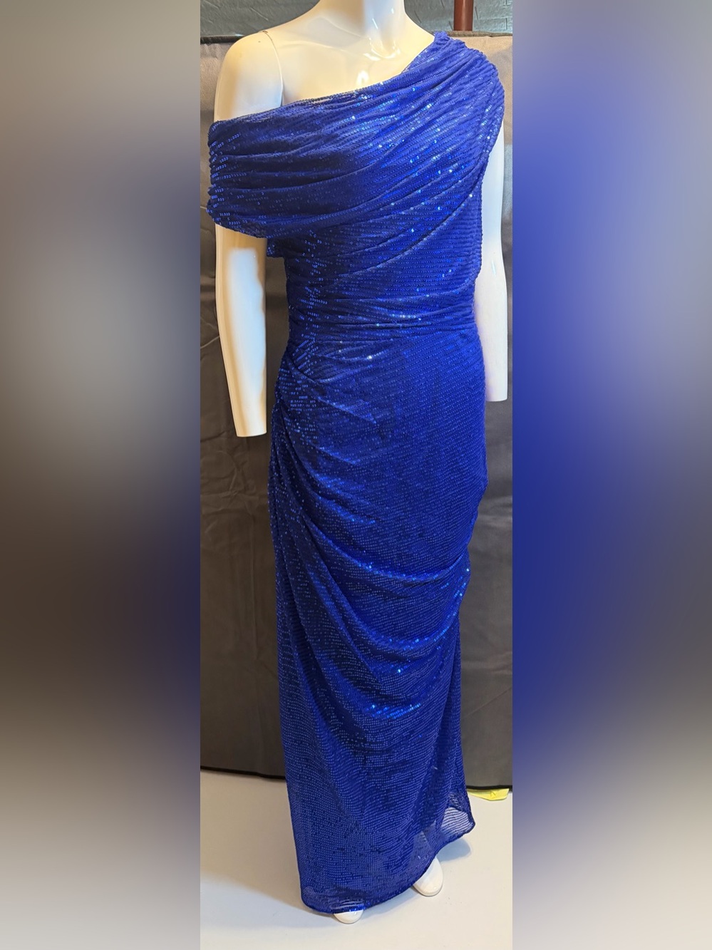Stunning One-Shoulder Sequin Evening Gown in Royal Blue
